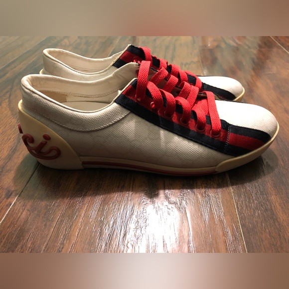Gucci GG Monogram Script White/Navy/Red Sneakers SZ 37 - Picture 3 of 13